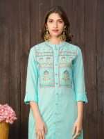 Blue Drop Yoke Embroidered Designer Kurta - Zedanya - Image 3