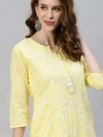 Light Yellow Floral Sequin Embroidered Straight Cut Kurta - Zedanya - Image 2