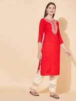 Indian Kurta Design in Red Gold Foil Print Zari Embroidery Sri Lanka - Image 2