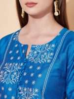 Indian Kurta Design in Blue Cotton Silk Floral Embroidery- Zedanya - Image 4