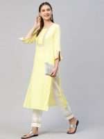 Subtle Yellow Hand Embroidered Designer Kurta With Pants - Zedanya - Image 2