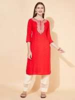 Indian Kurta Design in Red Gold Foil Print Zari Embroidery Sri Lanka - Image 4
