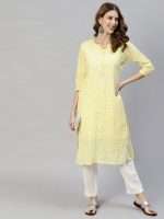 Light Yellow Floral Sequin Embroidered Straight Cut Kurta - Zedanya - Image 3