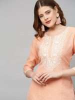 Peach Orange Embroidered Chanderi Straight Kurta With Dupatta - Zedanya - Image 5