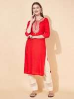 Indian Kurta Design in Red Gold Foil Print Zari Embroidery Sri Lanka - Image 7