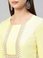 Subtle Yellow Hand Embroidered Designer Kurta With Pants - Zedanya - Image 3