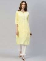 Light Yellow Floral Sequin Embroidered Straight Cut Kurta - Zedanya - Image 5