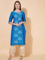 Indian Kurta Design in Blue Cotton Silk Floral Embroidery- Zedanya - Image 2