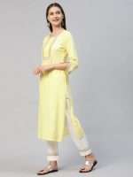Subtle Yellow Hand Embroidered Designer Kurta With Pants - Zedanya - Image 5