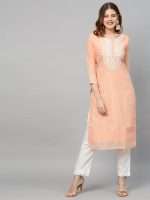 Peach Orange Embroidered Chanderi Straight Kurta With Dupatta - Zedanya - Image 4