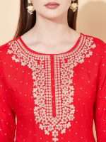Indian Kurta Design in Red Gold Foil Print Zari Embroidery Sri Lanka - Image 3