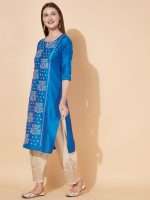 Indian Kurta Design in Blue Cotton Silk Floral Embroidery- Zedanya - Image 5