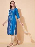 Indian Kurta Design in Blue Cotton Silk Floral Embroidery- Zedanya