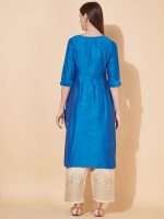Indian Kurta Design in Blue Cotton Silk Floral Embroidery- Zedanya - Image 8