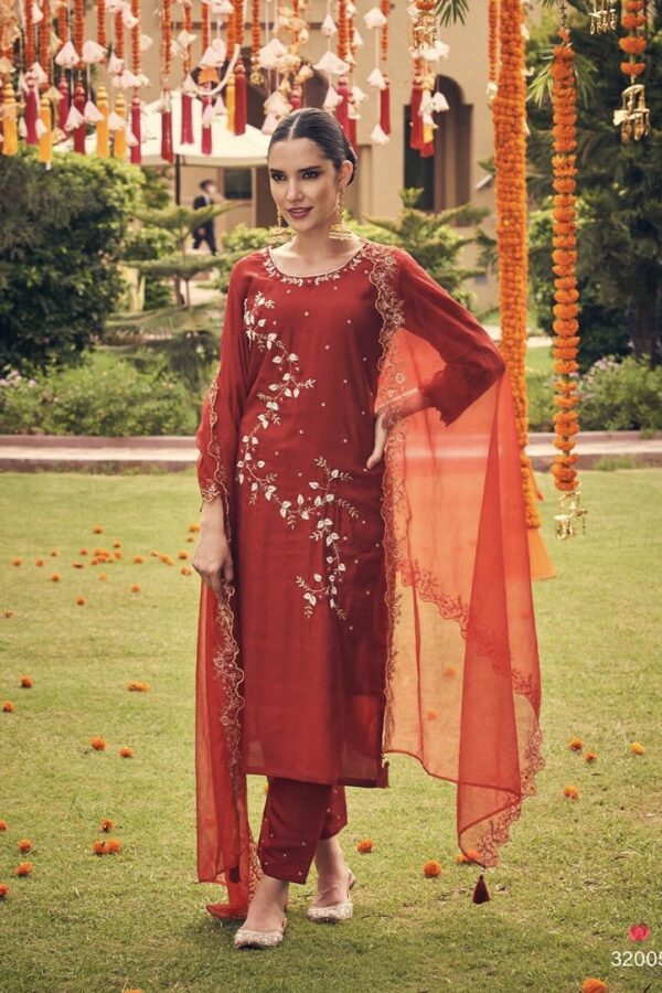 Red Shalwar Suit in Silk Bead Embroidery