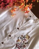 White Linen Floral Embroidered Casual Kurta - Zedanya