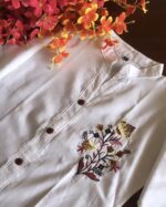 White Linen Floral Embroidered Casual Kurta - Zedanya - Image 4