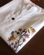 White Linen Floral Embroidered Casual Kurta - Zedanya - Image 3