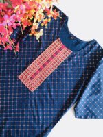 Indian Kurta Design in Navy Blue Gold Foil Print Yoke Embroidery - Zedanya