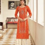Orange and Off white Gold Foil Print Sharara Suit - Zedanya