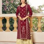 Indian Bold Maroon Gold Foil Print Sharara Suit - Zedanya