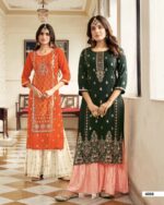 Orange and Off white Gold Foil Print Sharara Suit - Zedanya - Image 2