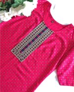 Indian Kurta design in Magenta Pink Gold Foil Print with Yoke Embroidery - Zedanya