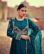 The Royal Blue Blend Green Premium Raw Silk Anarkali by Zedanya