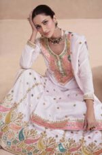 Beautiful Party wear White Multi Color Embroidered Designer Suit With Flared Skirt - Image 3