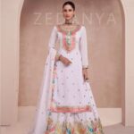 Beautiful Party wear White Multi Color Embroidered Designer Suit With Flared Skirt