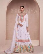Beautiful Party wear White Multi Color Embroidered Designer Suit With Flared Skirt