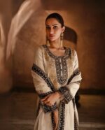 Cream White Thread And Sequence Embroidery Designer Suit by Zedanya - Image 2