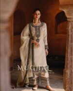 Cream White Thread And Sequence Embroidery Designer Suit by Zedanya