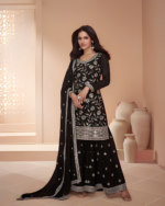 Elegant Black Gold Heavy Embroidered Party Wear Designer Suit by Zedanya - Image 3