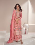 Light Pink Floral Multi Color Embroidered Heavy Designer Suit by Zedanya - Image 2