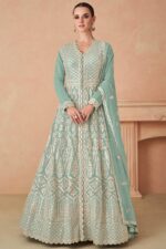 Sea Green Blue Blend Front Slit Style Anarkali Lehenga Suit by Zedanya
