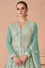 Sea Green Blue Blend Front Slit Style Anarkali Lehenga Suit by Zedanya - Image 3