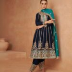 Blue Heavy Embroidered Anarkali Dothi Style Designer Suit by Zednaya