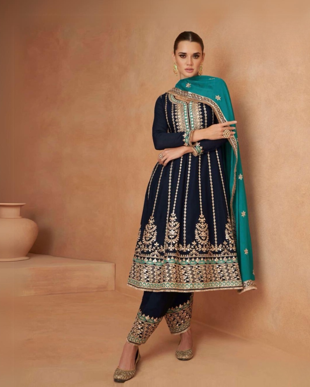 summer-22 Blue Heavy Embroidered Anarkali Dothi Style Designer Suit by Zednaya - Image 1