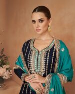 Blue Heavy Embroidered Anarkali Dothi Style Designer Suit by Zednaya - Image 2