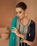 Blue Heavy Embroidered Anarkali Dothi Style Designer Suit by Zednaya - Image 3