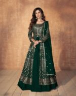 Dark Green Heavy Embroidered Anarkali style front slit Lehengha