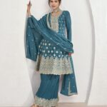 Blue Sequence Embroidery Anarkali Style Palazzo Suit by Zedanya