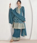 Blue Sequence Embroidery Anarkali Style Palazzo Suit by Zedanya