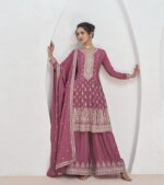 Pink Sequence Embroidery Anarkali Style Palazzo Suit by Zedanya