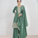 Green Sequence Embroidery Anarkali Style Palazzo Suit by Zedanya