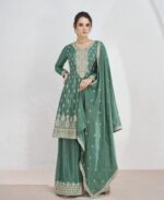 Green Sequence Embroidery Anarkali Style Palazzo Suit by Zedanya
