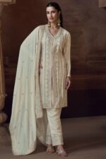 Ivory gold zari thread embroidered designer suit - Zedanya Sri Lanka