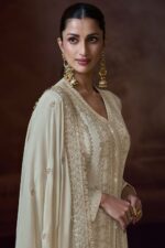 Ivory gold zari thread embroidered designer suit - Zedanya Sri Lanka - Image 3