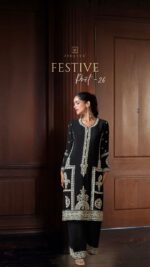 Black silk white embroidered designer suit - Zedanya Sri Lanka - Image 2